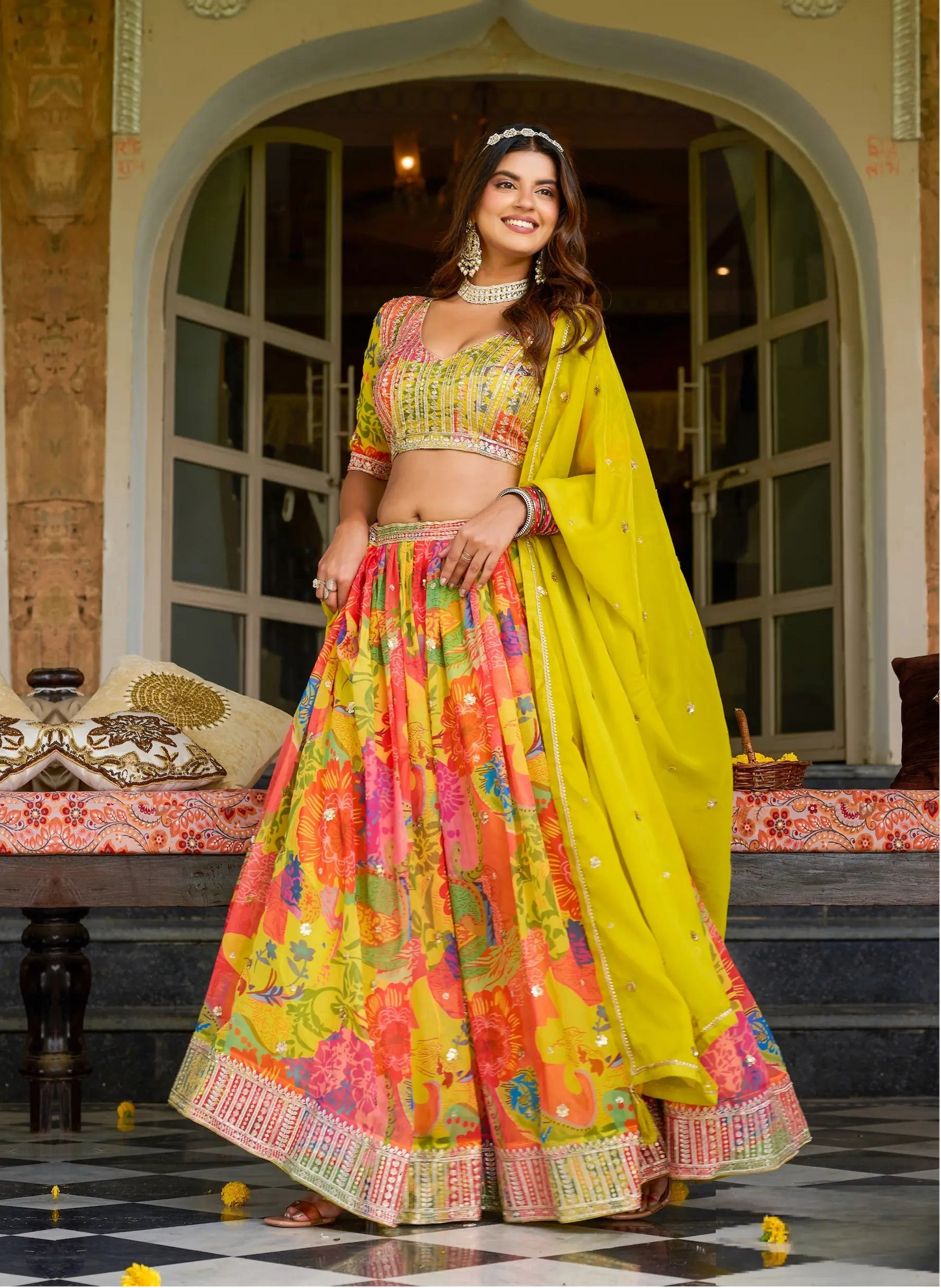 Yellow Multicolor Printed & Embroidery Lehenga Choli