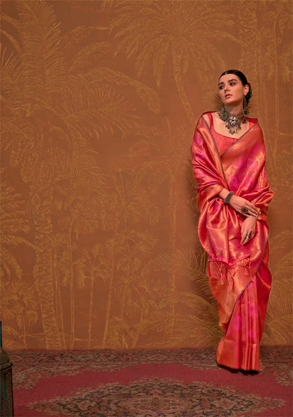 Orangy Pink Handloom Weaving Saree