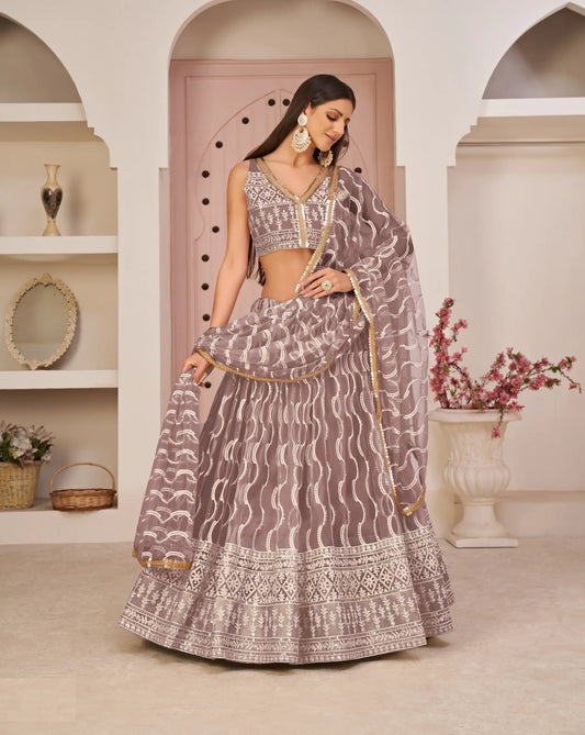 Onion Pink Net Lehenga Choli With White Cotton Thread Work, Zari Work & Sequence Work