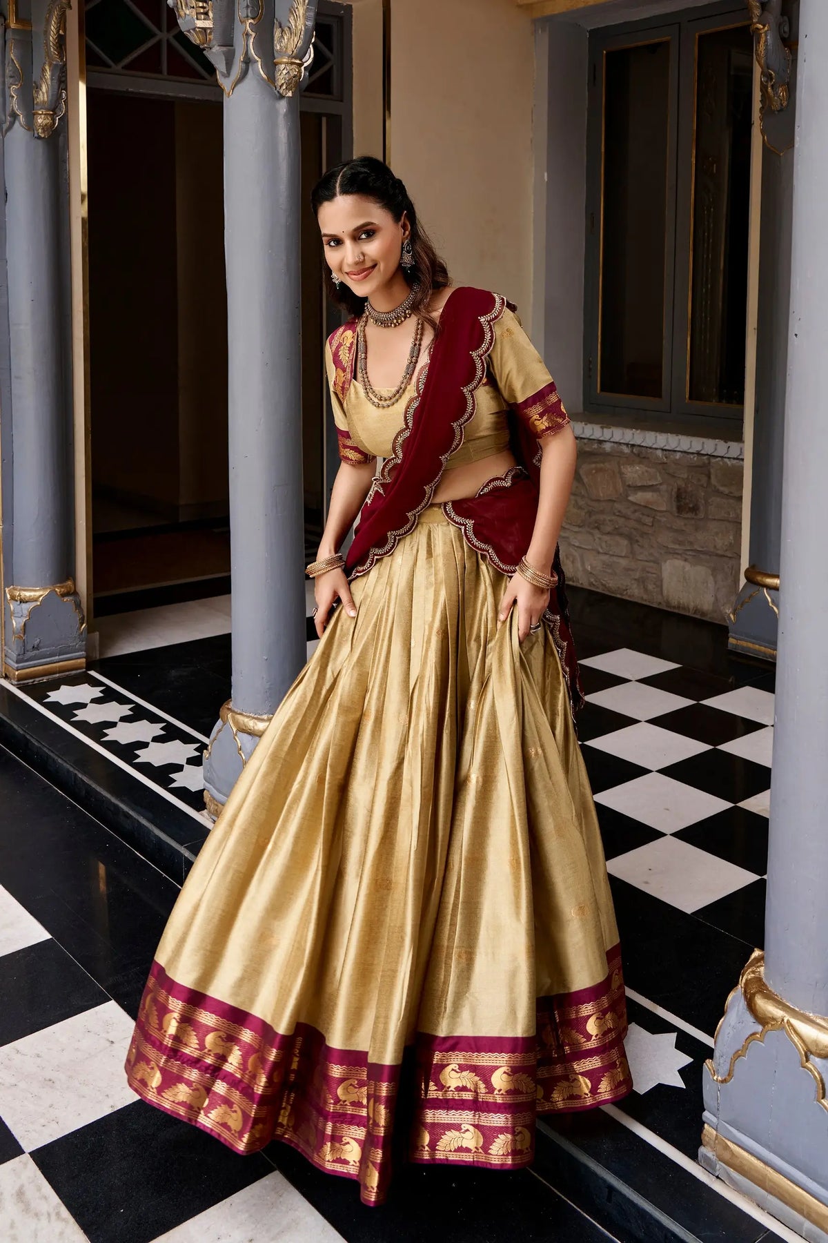 Beige South indian Half Saree Lehenga