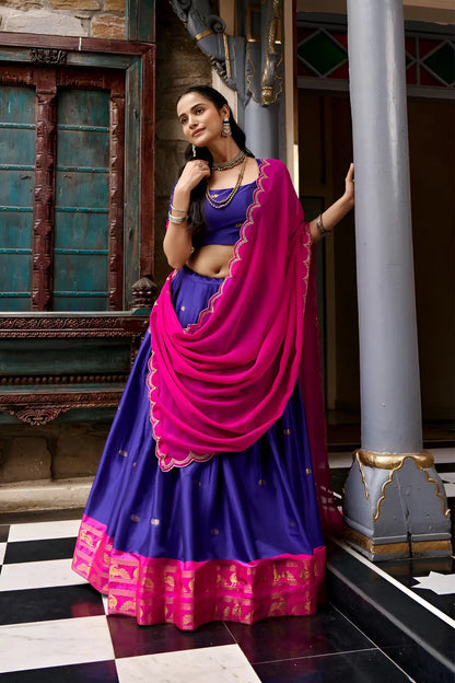 Dark Blue South indian Half Saree Lehenga