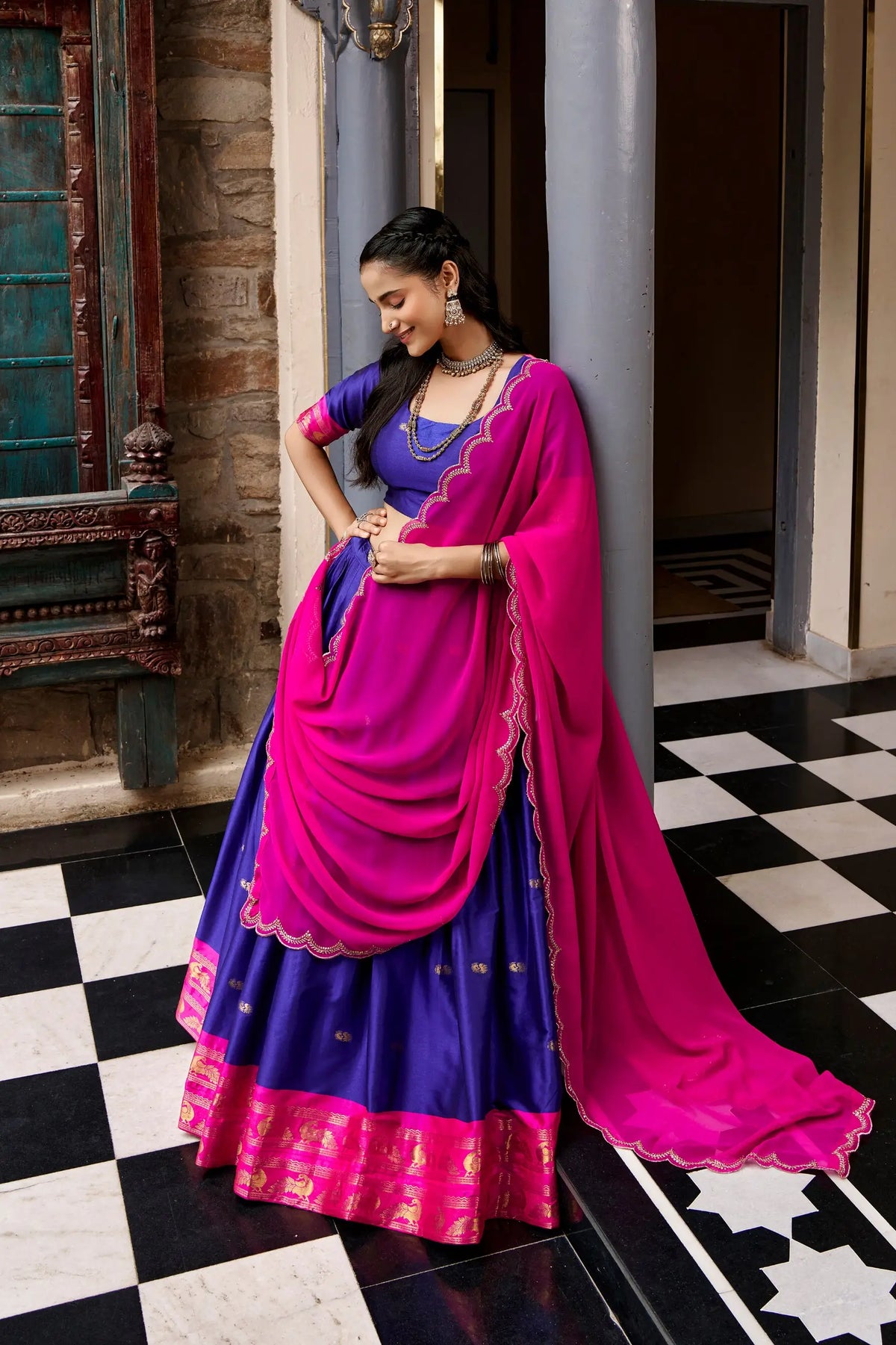 Dark Blue South indian Half Saree Lehenga