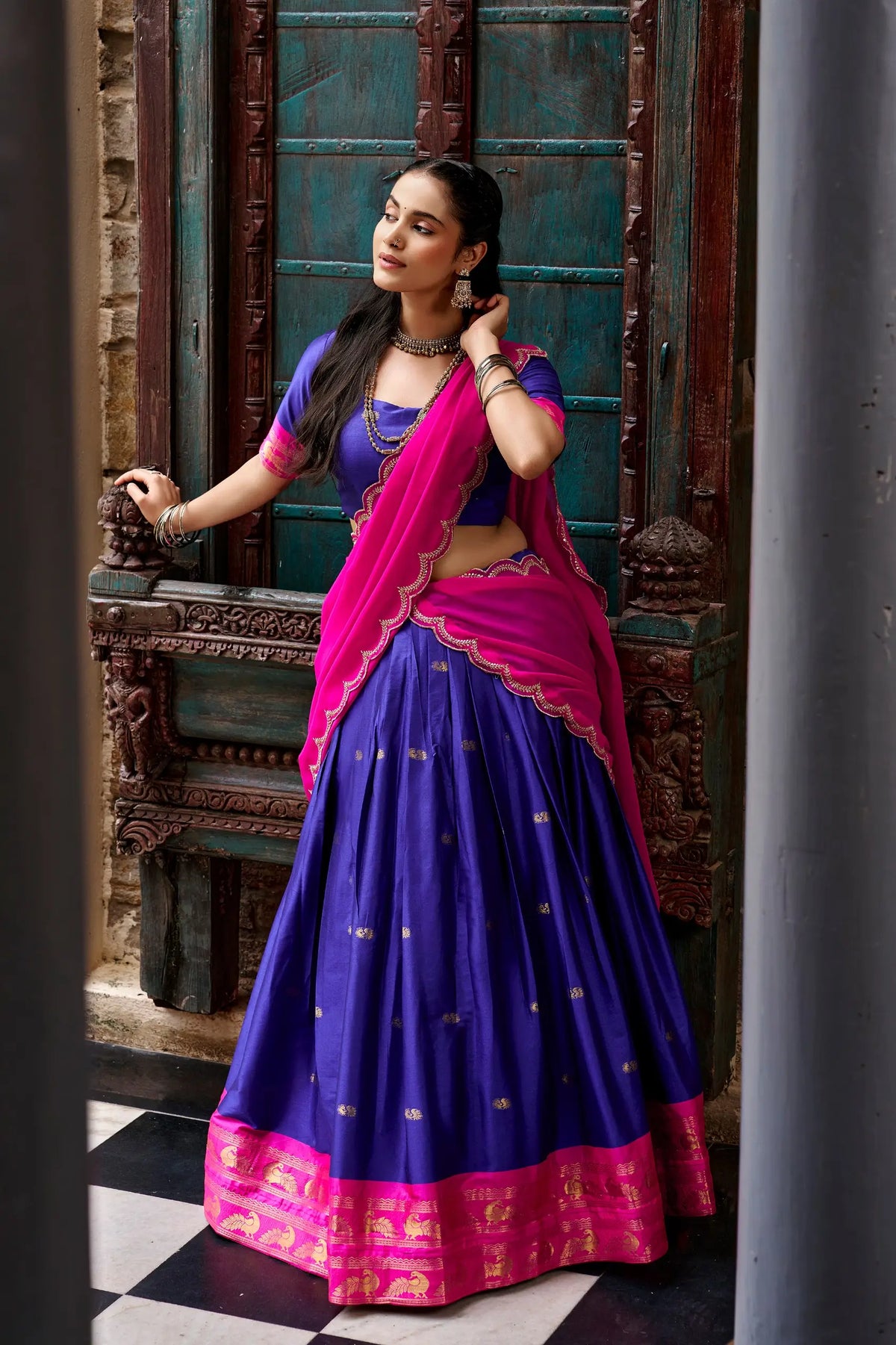 Dark Blue South indian Half Saree Lehenga
