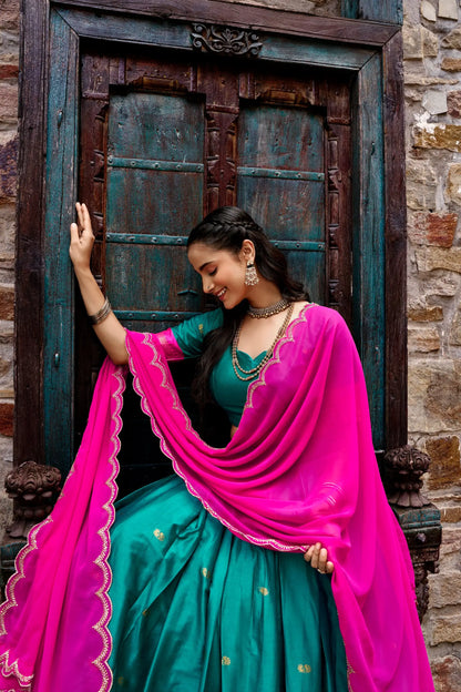 Teal Blue South indian Half Saree Lehenga