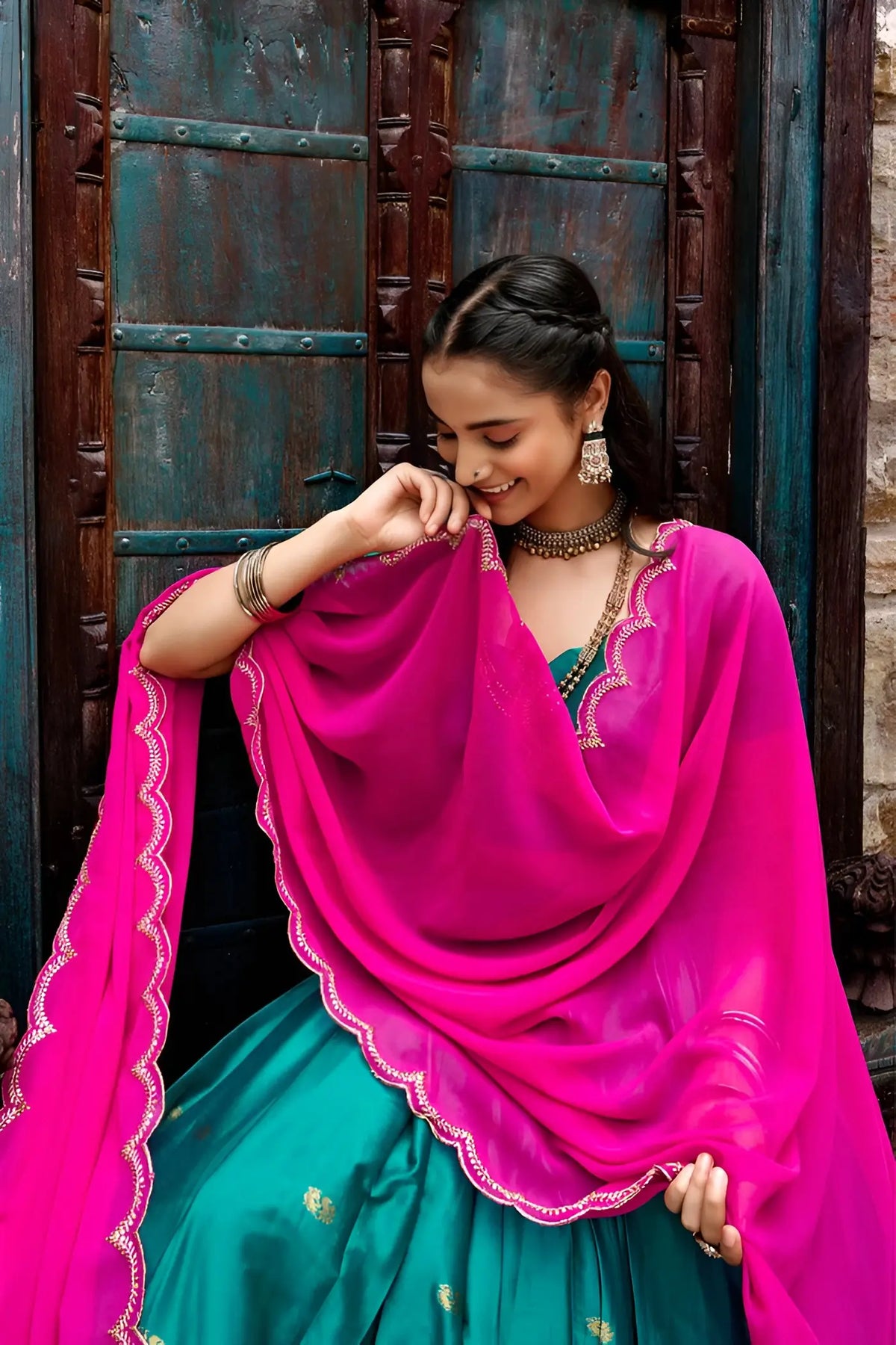 Teal Blue South indian Half Saree Lehenga
