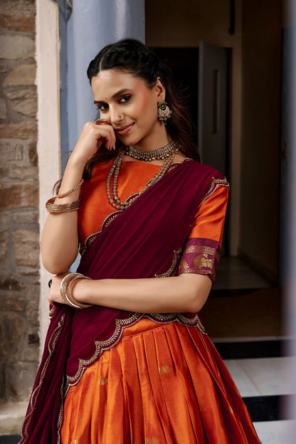 Rust South indian Half Saree Lehenga