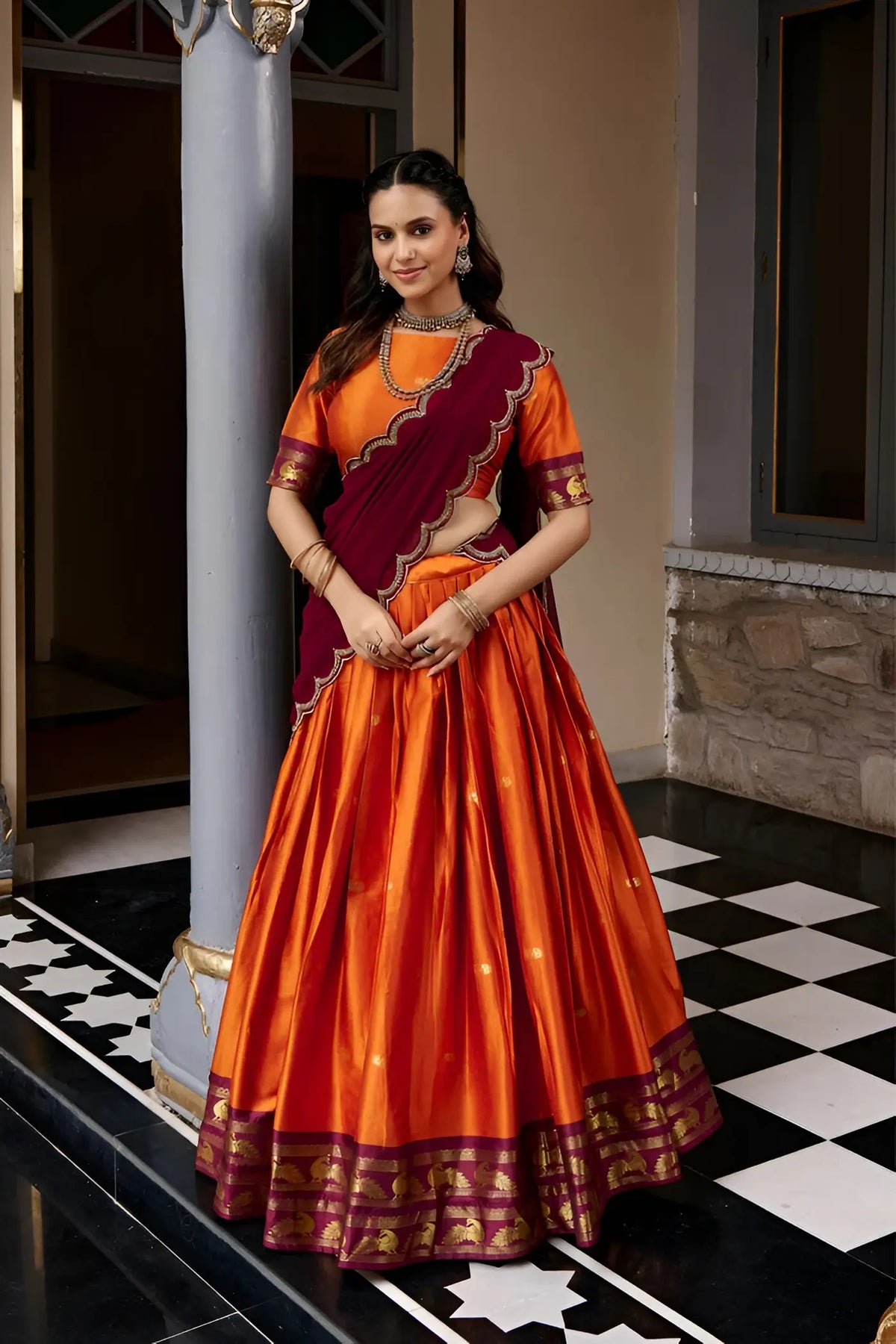 Rust South indian Half Saree Lehenga