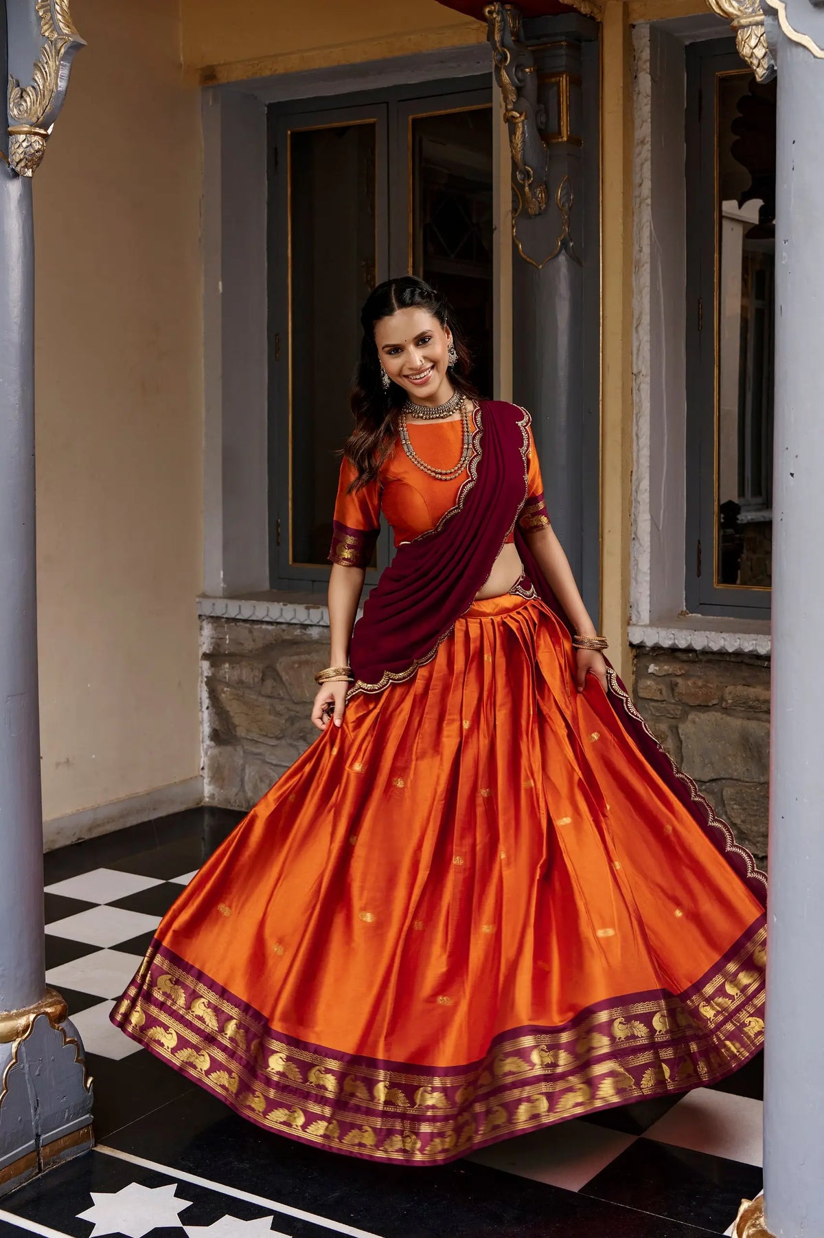 Rust South indian Half Saree Lehenga