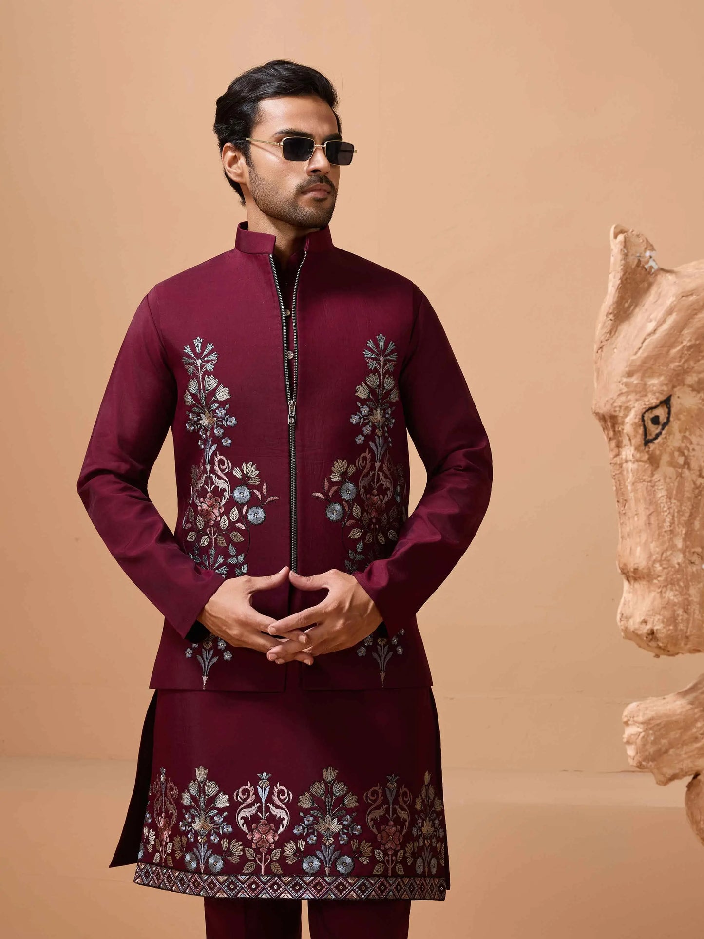Stylish Maroon Kurta Set With Sequins Embroidery Jacket