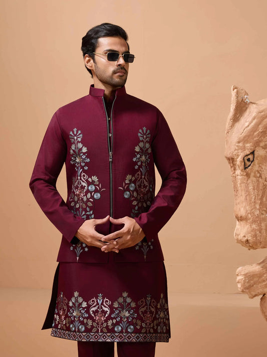 Stylish Maroon Kurta Set With Sequins Embroidery Jacket