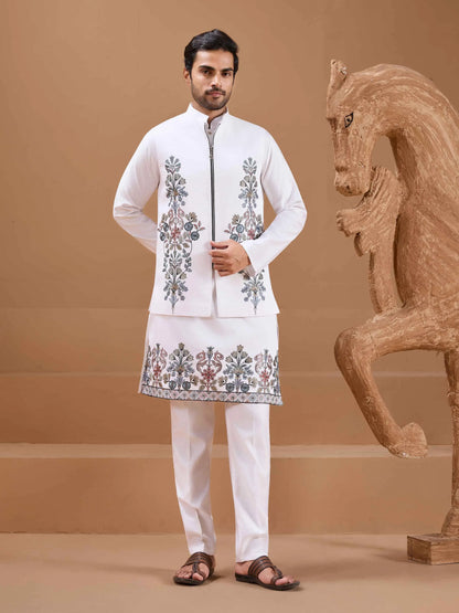White Elegant Sequins Embroidery Kurta Set With Jacket
