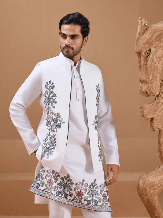 White Elegant Sequins Embroidery Kurta Set With Jacket