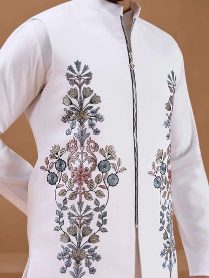 White Elegant Sequins Embroidery Kurta Set With Jacket
