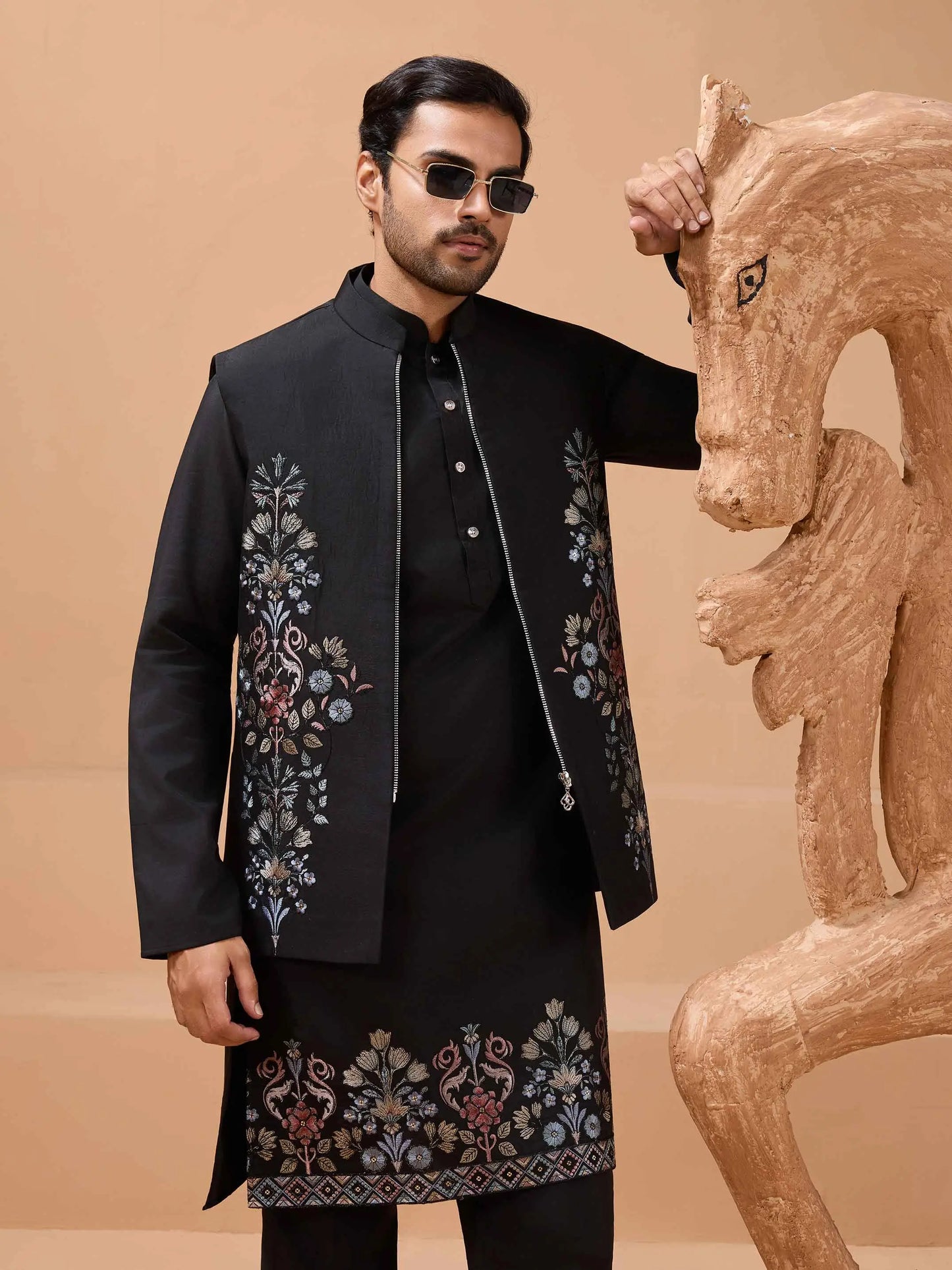 Stylish Black Kurta Set With Sequins Embroidery Jacket