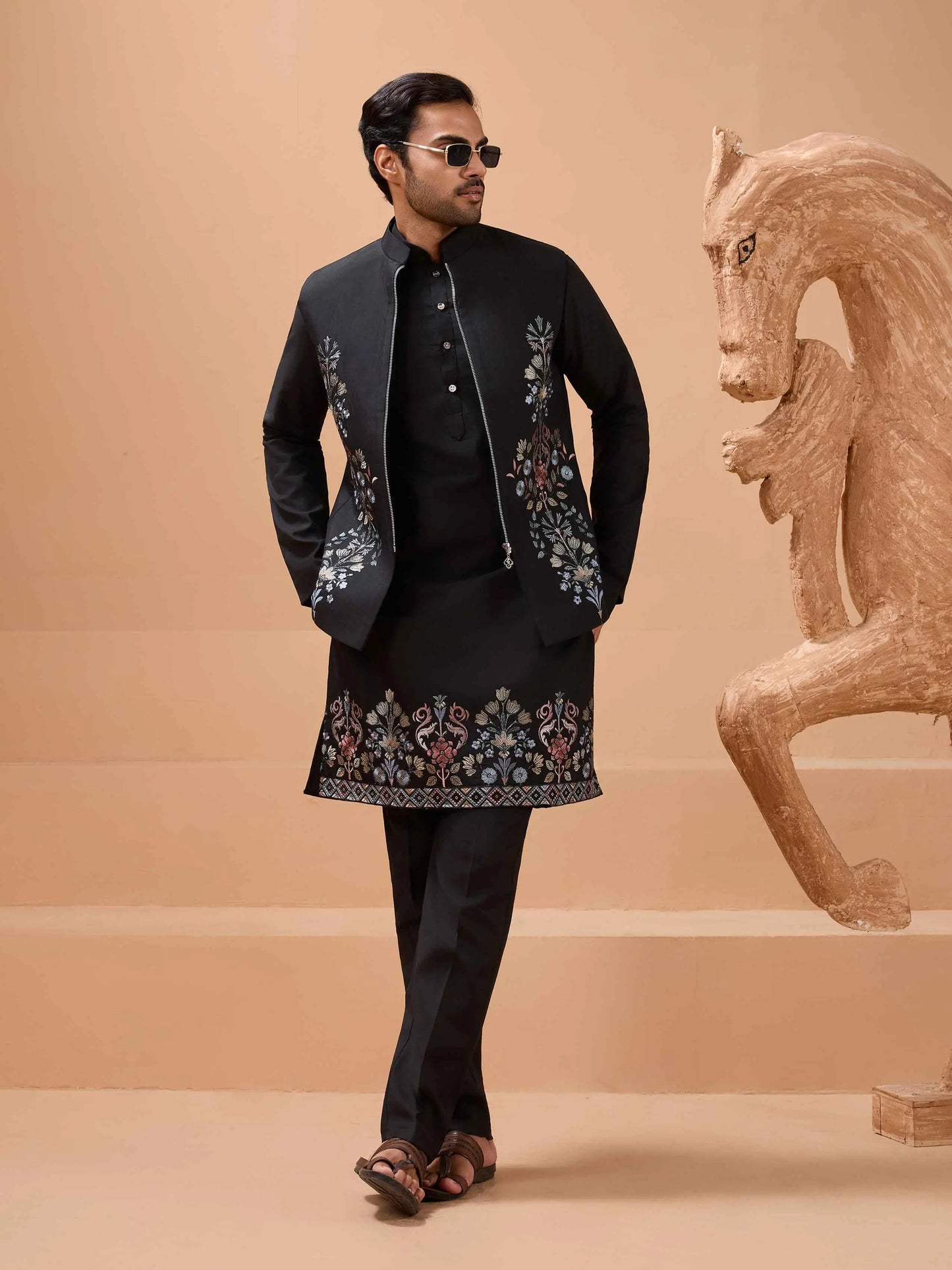 Stylish Black Kurta Set With Sequins Embroidery Jacket
