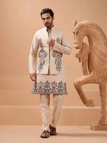 Elegant Beige Embroidery Sequins Kurta Set With Jacket