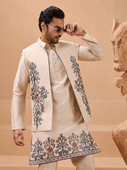 Elegant Beige Embroidery Sequins Kurta Set With Jacket