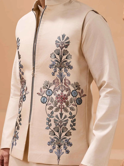 Elegant Beige Embroidery Sequins Kurta Set With Jacket