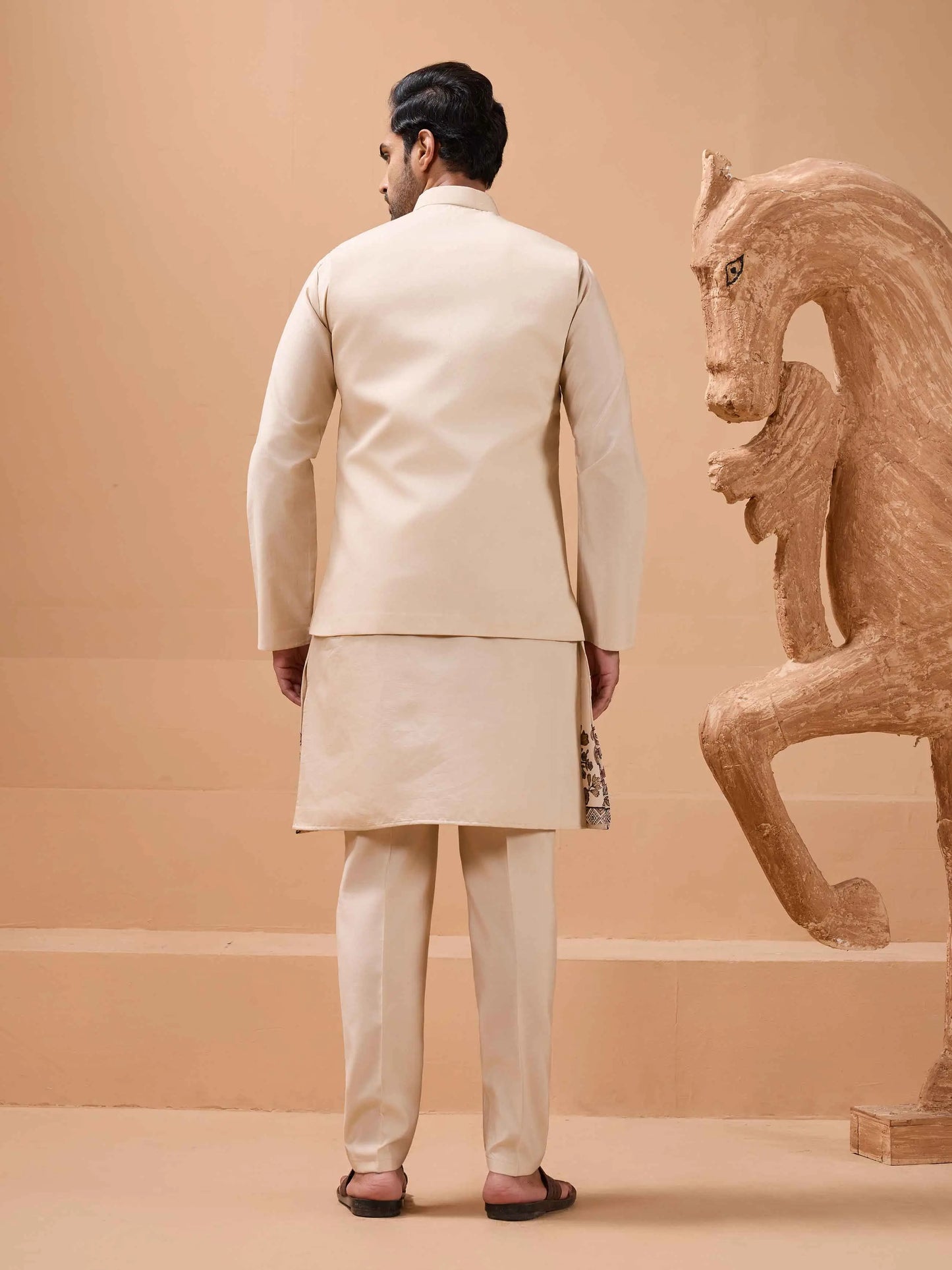 Elegant Beige Embroidery Sequins Kurta Set With Jacket