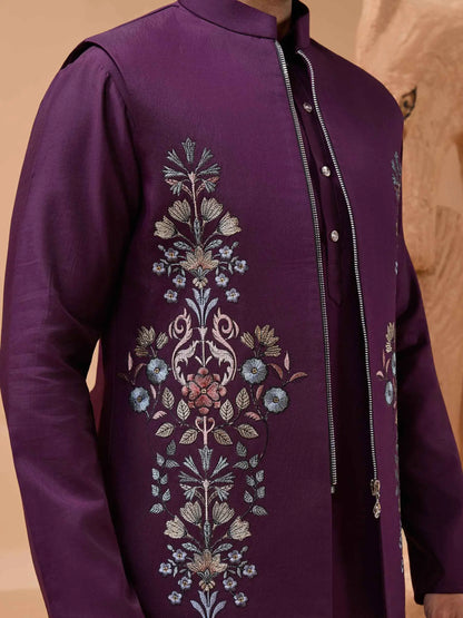 Plum Purple Kurta Set With Sequins Embroidery Jacket