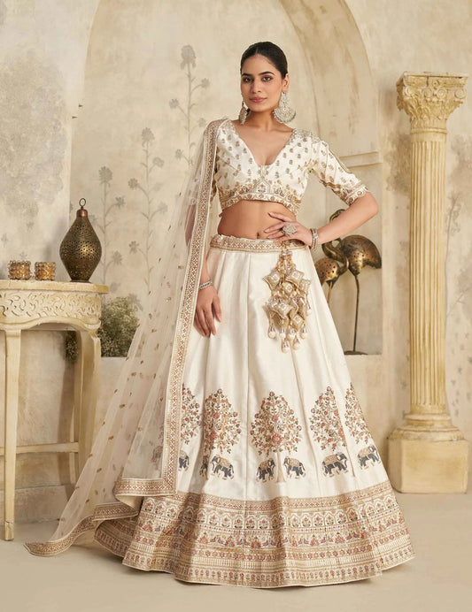 Cream Lehenga With Intricate Elephant Zari Work