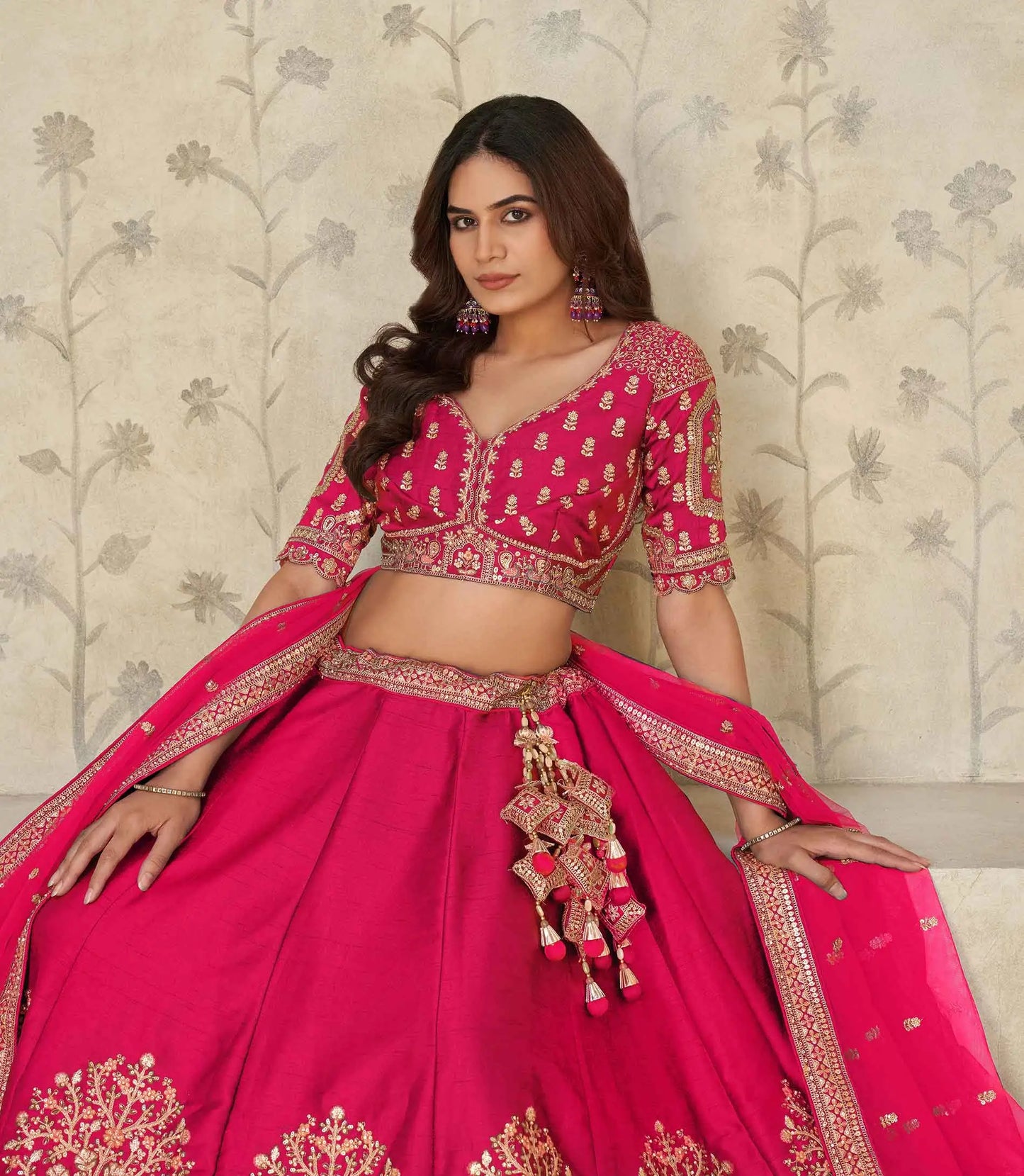 Hot Pink Bridal Ensemble With Elephant Motifs