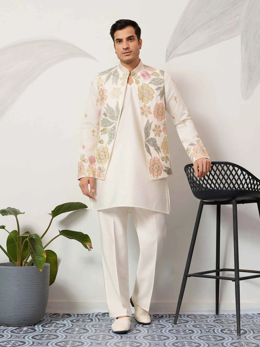 Beige Kurta Set With Embroidered Jacket