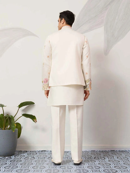 Beige Kurta Set With Embroidered Jacket