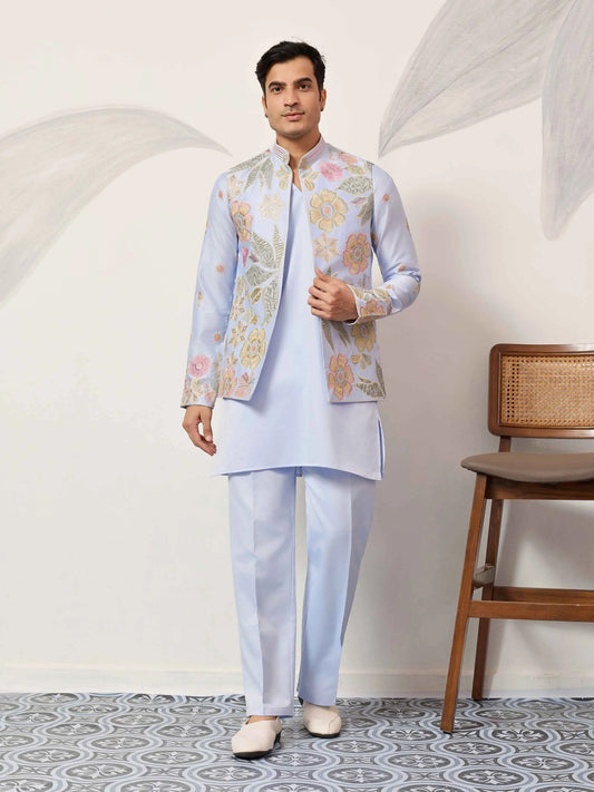 Sky Kurta Set With Embroidered Jacket