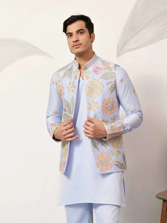 Sky Kurta Set With Embroidered Jacket