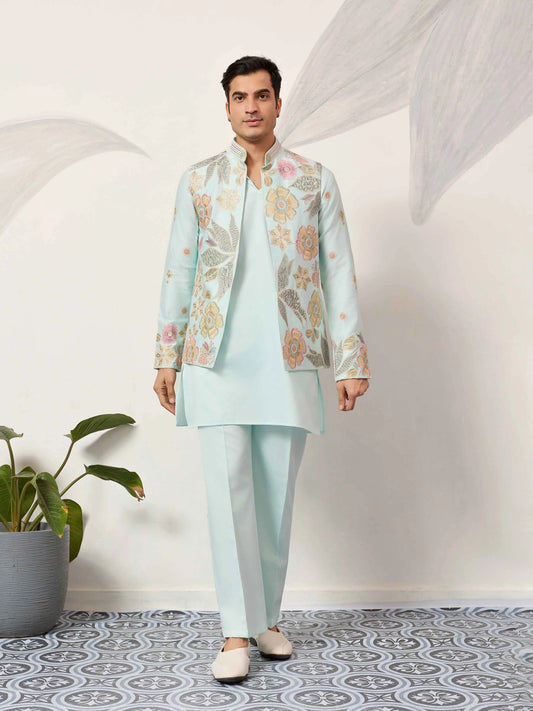 Pista Kurta Set With Embroidered Jacket