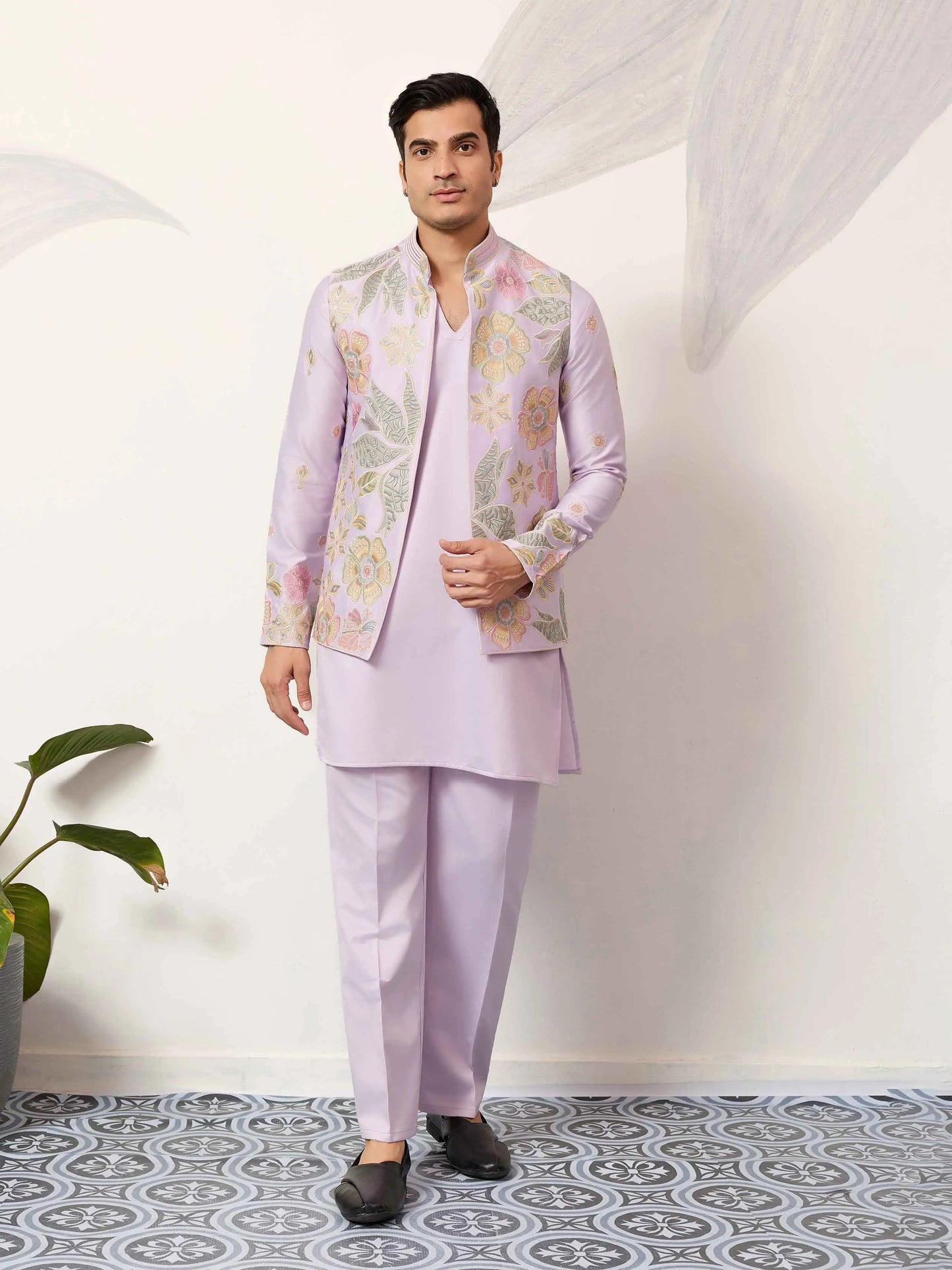 Light Pink Kurta Set With Embroidered Jacket