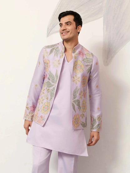 Light Pink Kurta Set With Embroidered Jacket