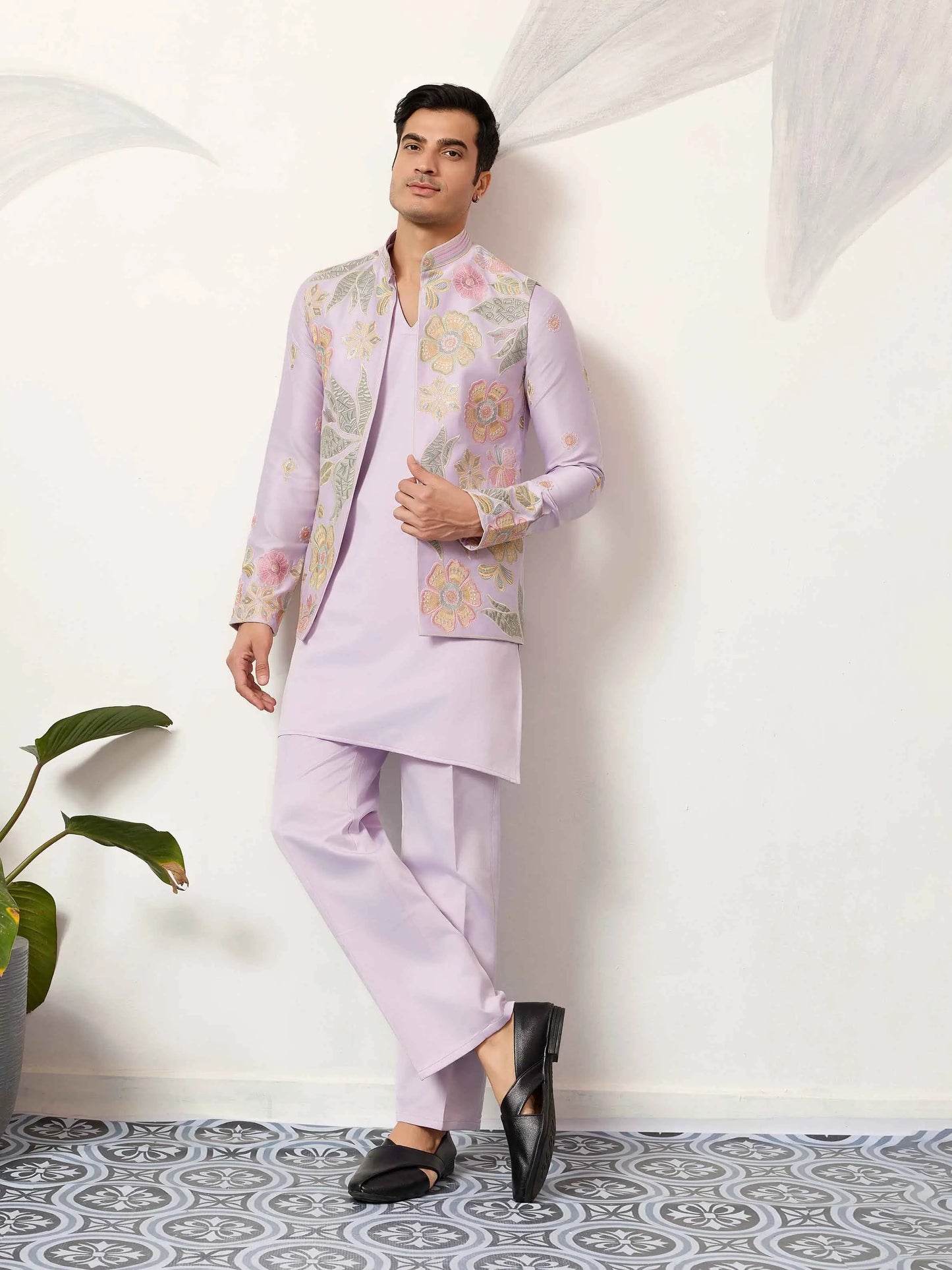 Light Pink Kurta Set With Embroidered Jacket