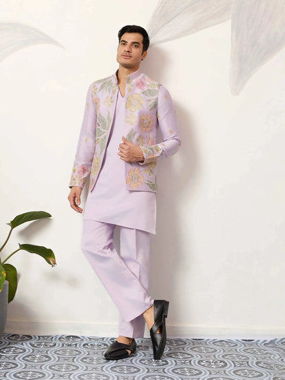 Light Pink Kurta Set With Embroidered Jacket