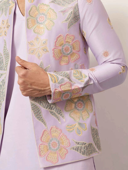 Light Pink Kurta Set With Embroidered Jacket