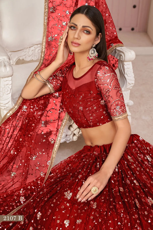 Red Net Lehenga Choli With White Cotton Thread Work, Zari Work & Sequence Work