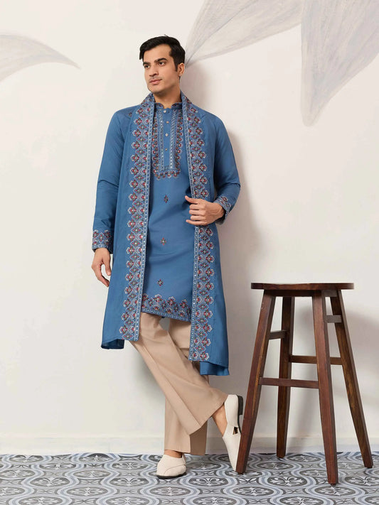 Cyan Blue Embroidery Kurta With Dupatta
