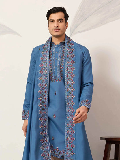 Cyan Blue Embroidery Kurta With Dupatta
