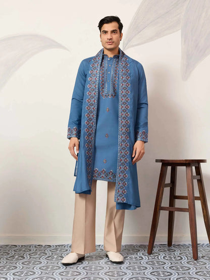 Cyan Blue Embroidery Kurta With Dupatta