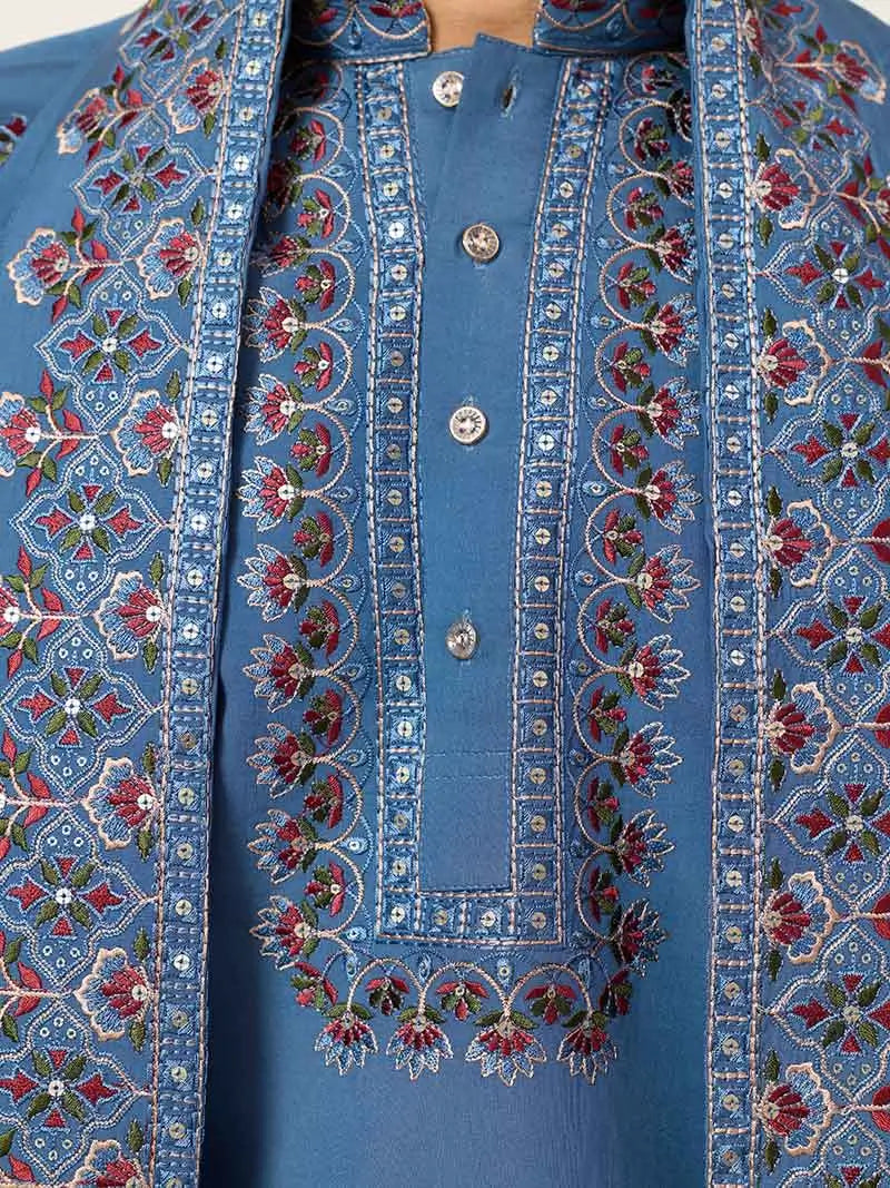 Cyan Blue Embroidery Kurta With Dupatta