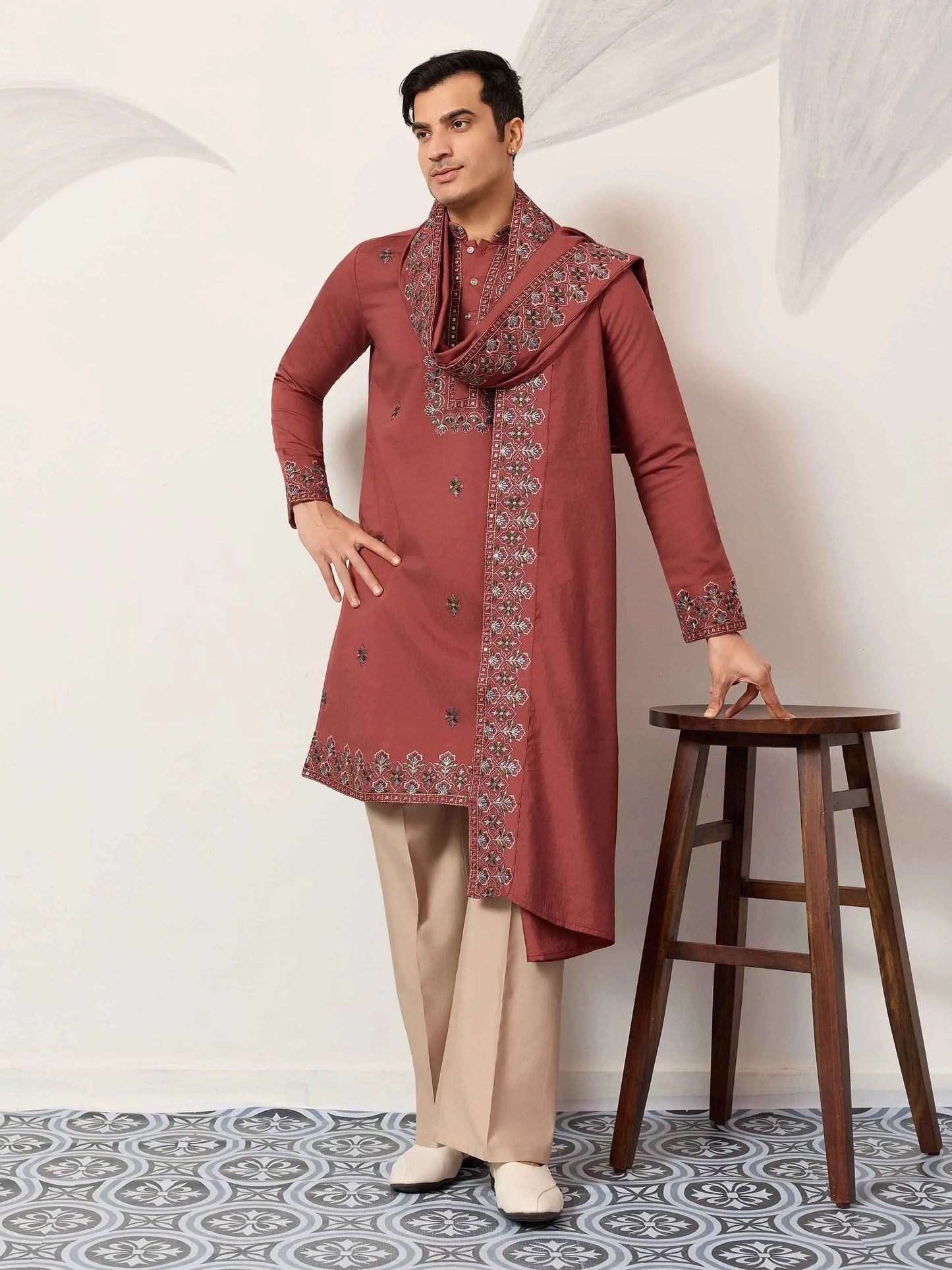 Rust Embroidery Kurta Set With Dupatta