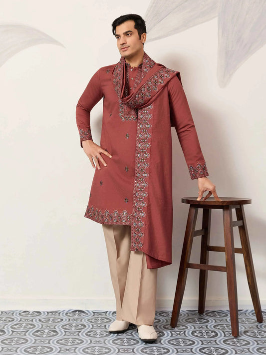 Rust Embroidery Kurta Set With Dupatta