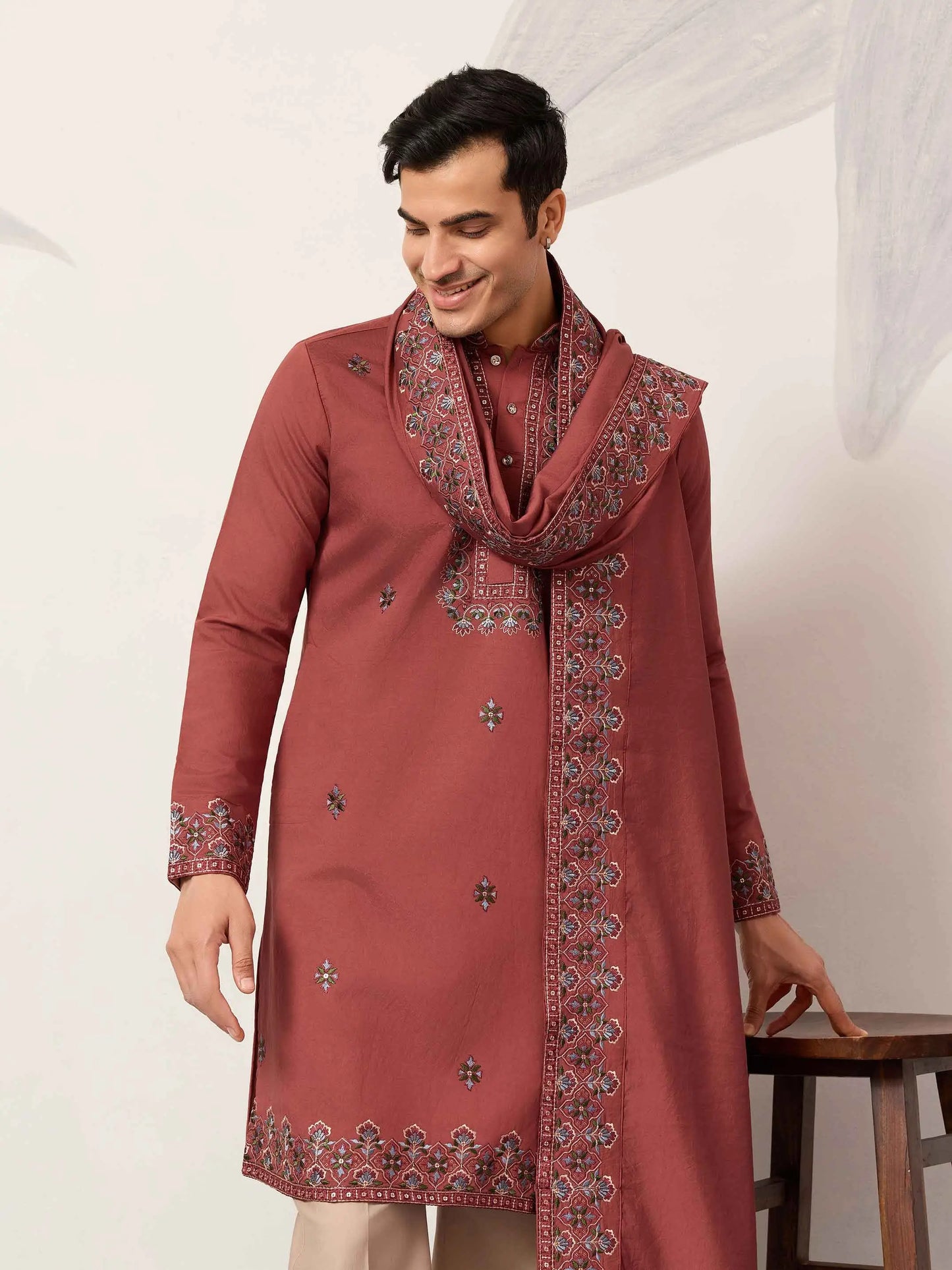 Rust Embroidery Kurta Set With Dupatta