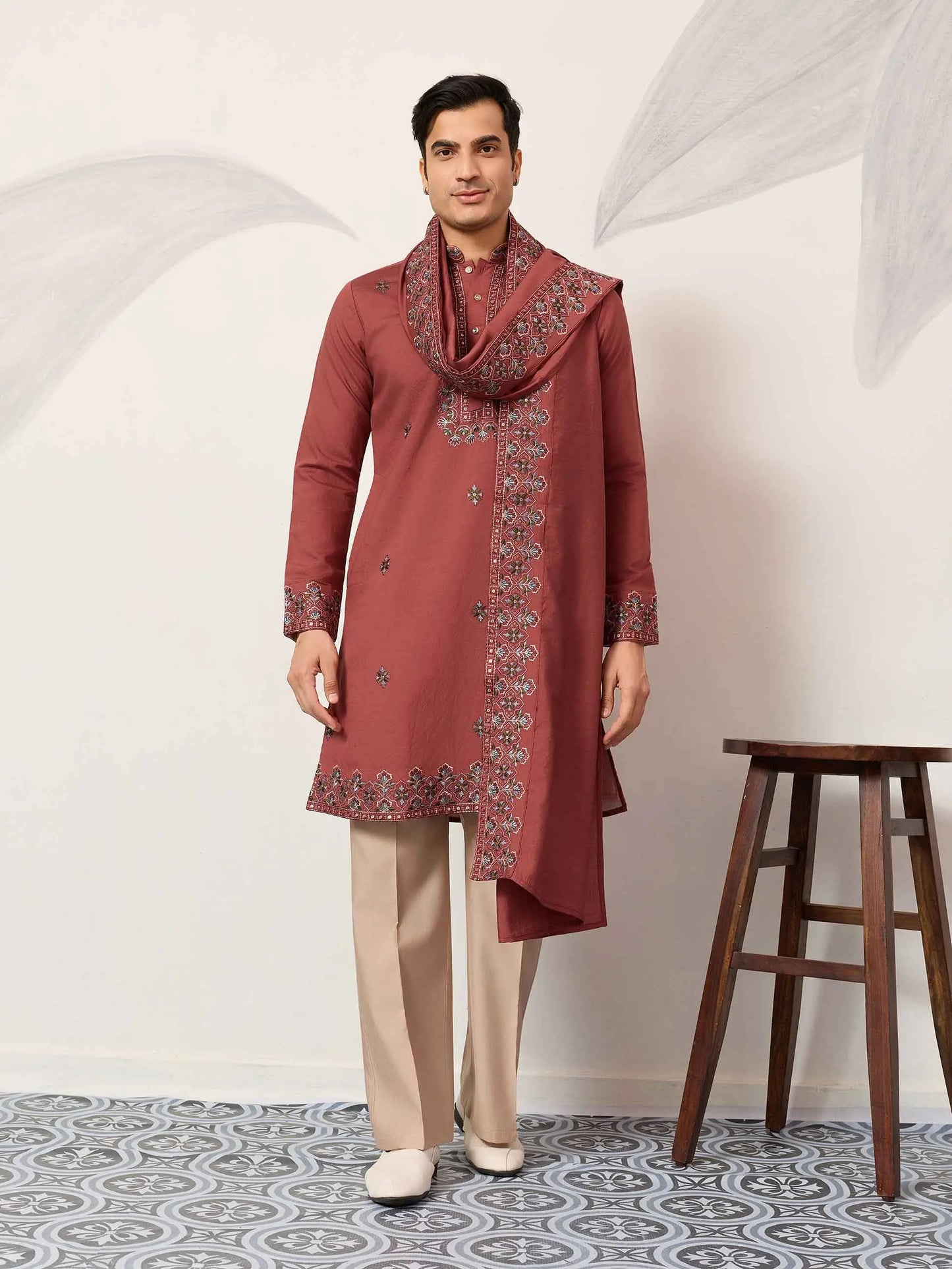Rust Embroidery Kurta Set With Dupatta