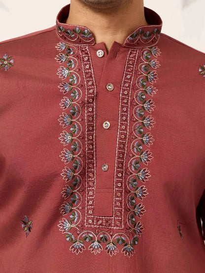 Rust Embroidery Kurta Set With Dupatta