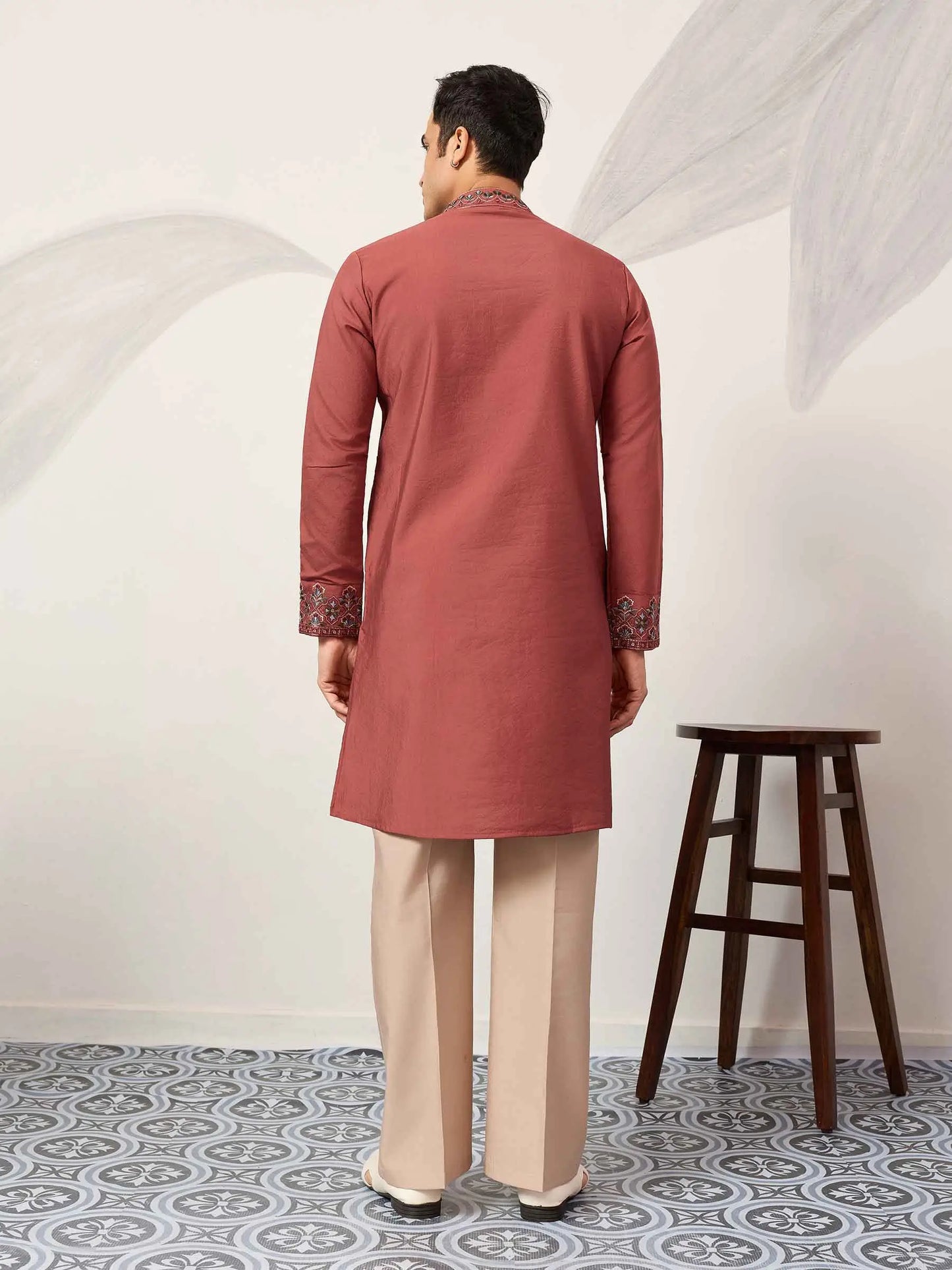 Rust Embroidery Kurta Set With Dupatta