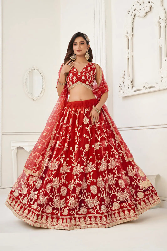 Red Net Lehenga Choli With White Cotton Thread Work, Zari Work & Sequence Work