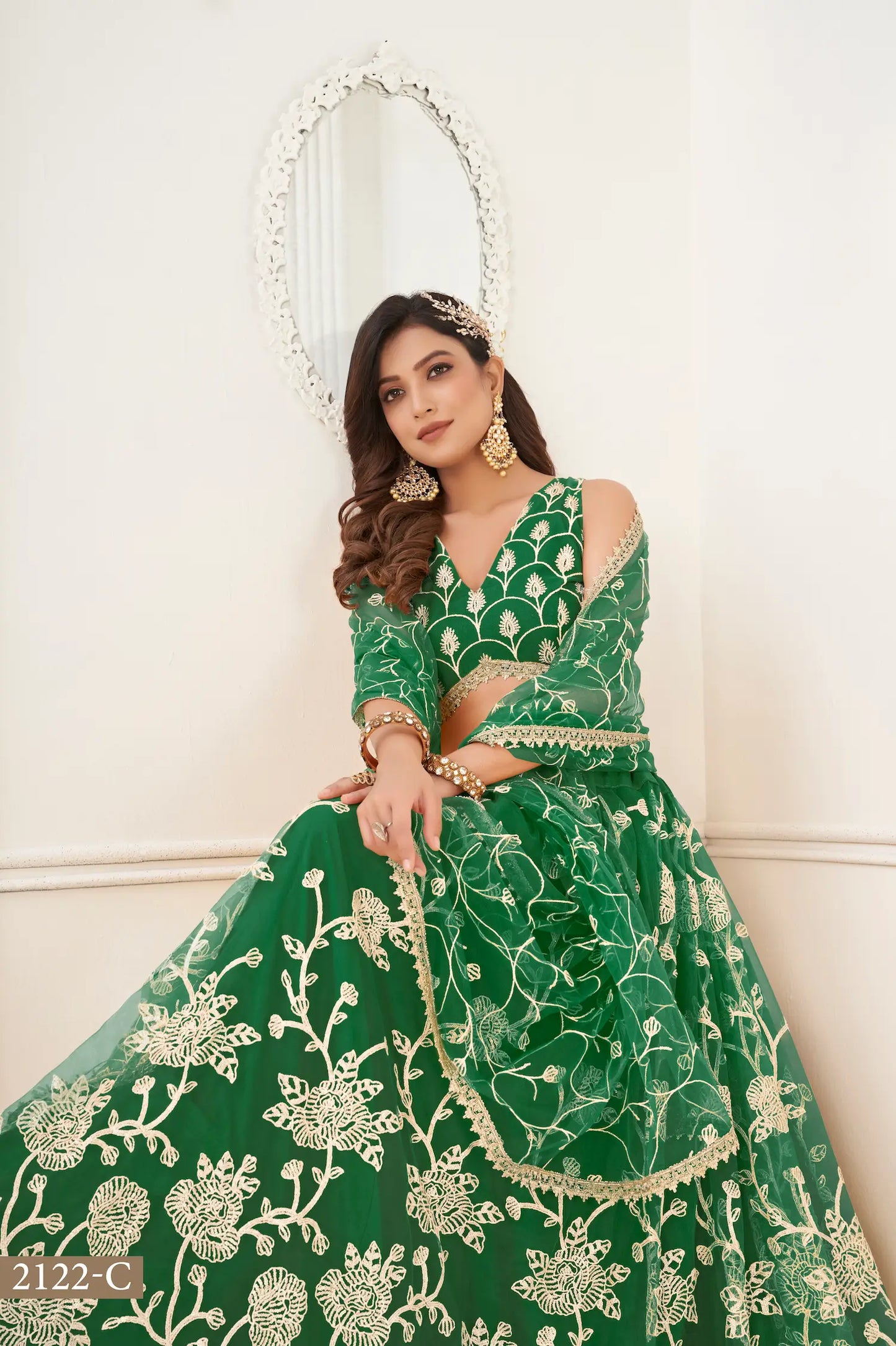 Green Net Lehenga Choli With White Cotton Thread Work, Zari Work & Sequence Work