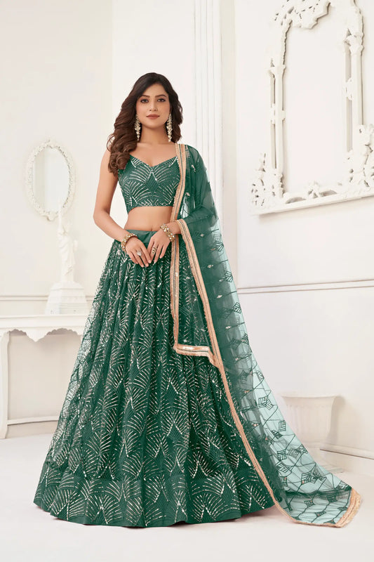Bottle Green Net Lehenga Choli With Thread Work, Mirror Work & Sequence Embroidery Work